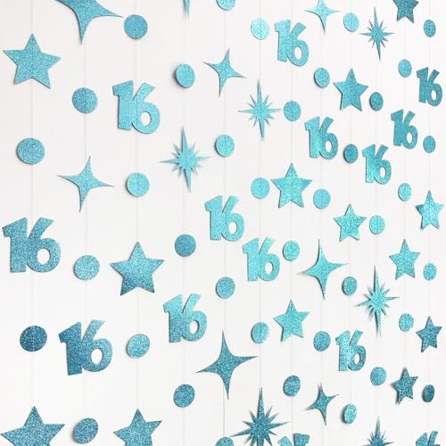 Image of Teal Blue 16th Birthday Decorations Number 16 Circle Dot Star Garland Glitter Streamer Banner Backdrop for Girls Boys Sweet Sixteen Cheers to 16 Years Old Birthday 16th Anniversary Party Supplies
