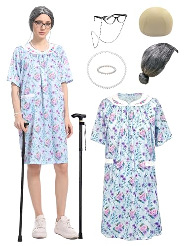 Cupohus Womens Old Lady Wig Costume Set 100 Days of School Adult Granny Dress Cosplay 8PCS Set- Grandma Wig and Cap Retro Glasses with Chain Faux Pearl Jewelry Cane Blue Floral Dress Outfit
