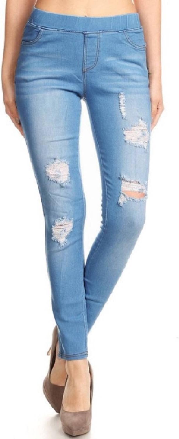 Women’s Stretch Denim Pull On Jeans with Pockets – Ripped Distressed Elastic Waist Jeggings Skinny Denim Pants