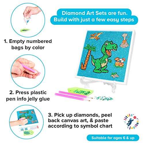 Little Jupiter Diamond Painting Kits for Kids - Dinosaur - Boys & Girls Arts & Crafts Sets - Wooden Frame & Stand with 2 Pens for 2 People 7.5x7.5 - Children\'s Gem Art (Dinosaur) - Thumbnail 2