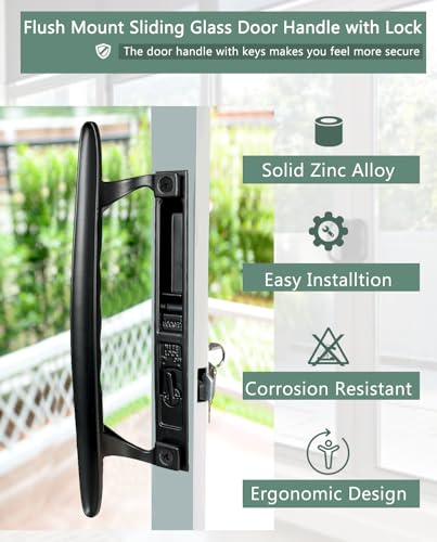 Image of Patio Sliding Glass Door Handle Set, 6-5 /8 inch H.C., Fits 1 inch to 1-1 /8 inch Thick Doors, Black Diecast, Features Lock & 2 Hook Latch & Keys, Flush
