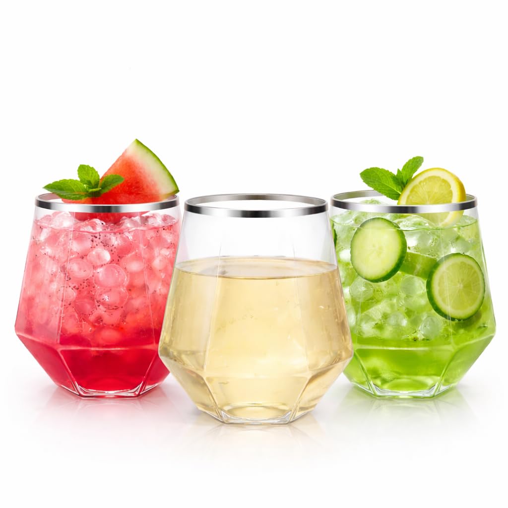 Oojami 40 Pack 12 oz Disposable Wine Glasses Diamond Stemless Silver Rim