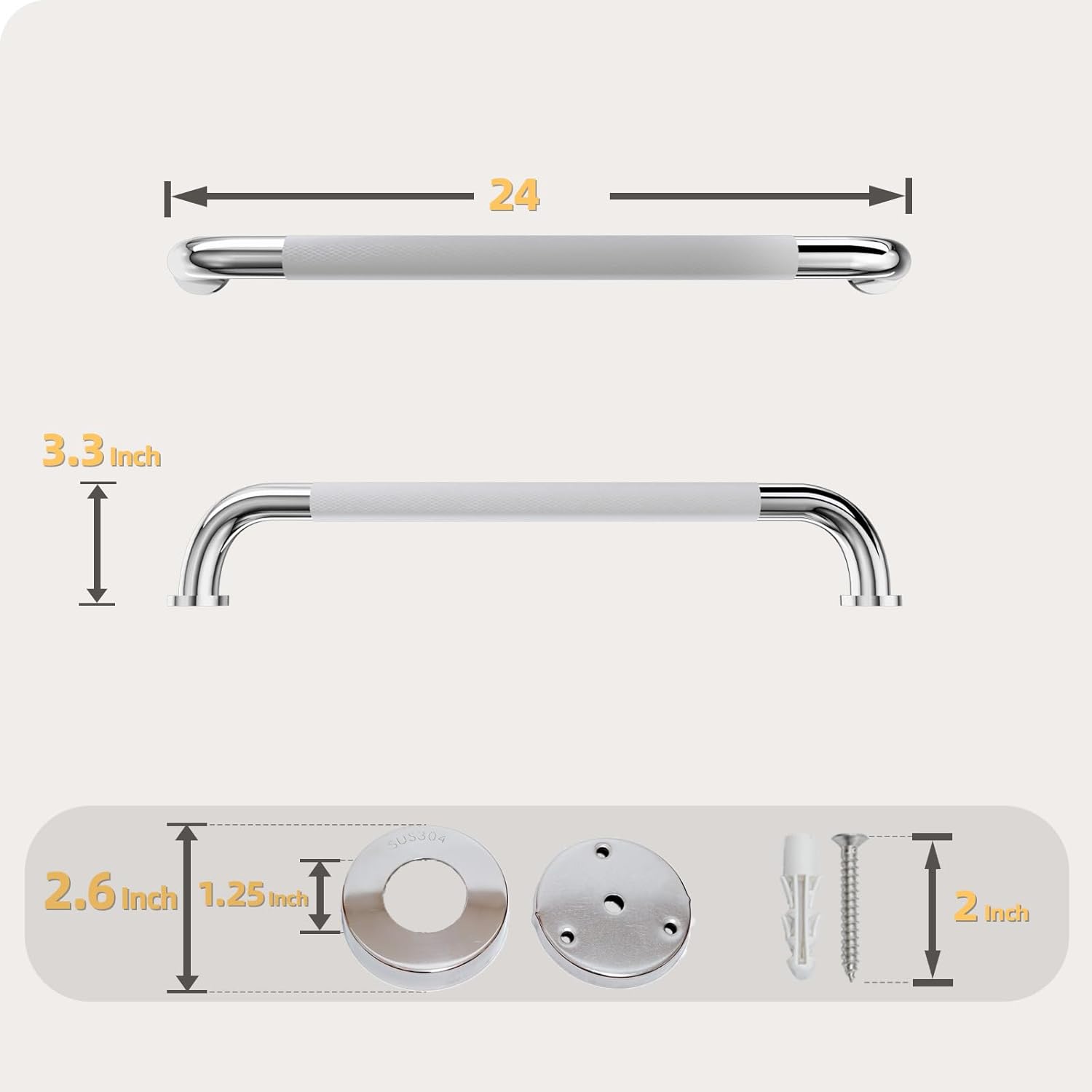 Shower Grab Bar, 24 Inch Bathroom Grab Bar Handle with Anti-Slip Knurled Grip, Stainless Steel Bath Balance Bar, 1.25" Diameter Bath Safety Bar Support for Seniors Pregnant, Polished Chrome- 1 Pack