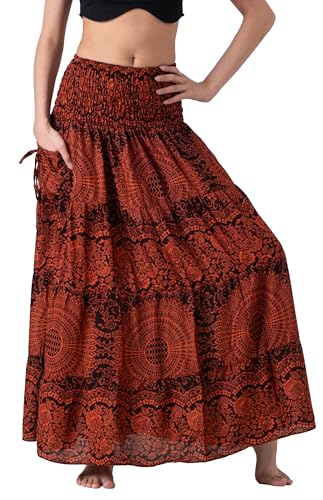 Long Skirts for Women Tiered Maxi Boho Skirt Hippie Clothes Bohemian Print with Pocket (Small Medium Blossom Orange)