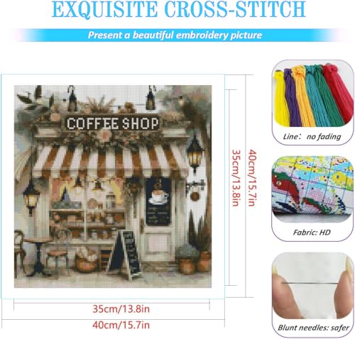 Image of KYOQFVN Coffee Shop Cross Stitch Kits for Adults - House Embroidery Kits for Beginners Adults, 11 CT Patterns Dimensions Counted Cross Stitch Kits for Adults Arts Craft 14x14 inch