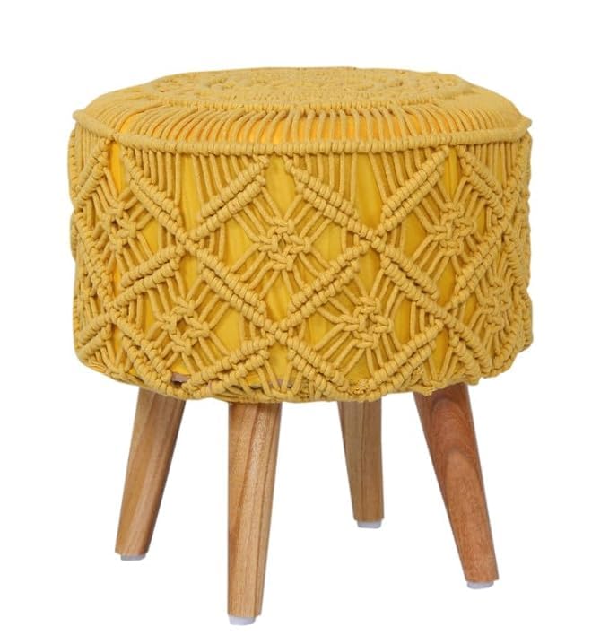 Image of Ottoman Foot Rest Puffy, Cotton Dori Ottoman for Home Decor, Solid Wood Legs Dressing Stool, Footstool Puffy for Living Room & Office Room | 16x17 Inch, Set of 2, Macrame Yellow-Dark Grey