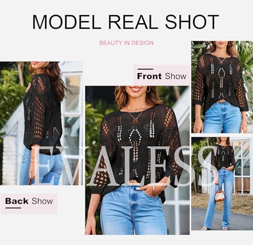 Image of EVALESS Womens Crochet Hollow Out Knit Tops Half Sleeve Spring Summer Sweaters Beach Cover Ups for Women Trendy 2026