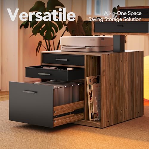 Image of HUANUO 85 inch Electric L Shaped Standing Desk with File Cabinet, Walnut | 65 inchx58 inch 2-Tier L-Desk,File Cabinet, 6 Drawers,220lbs Carbon Steel,4 Memory Presets, 27.6 inch-46.5 inch Adjustable Height