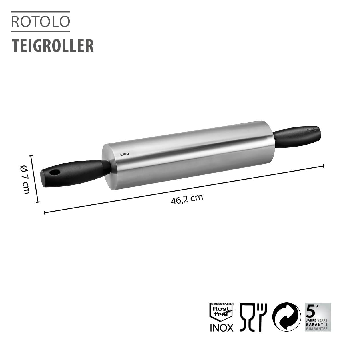 GEFU ROTOLO Teigroller - Edelstahl Nudelholz mit Kugellager - 46 cm | Hygienische Backrolle für Teig, Pizza & Fondant - Ergonomisches Ausrollgerät mit 7 cm Durchmesser - Stabil & Robust