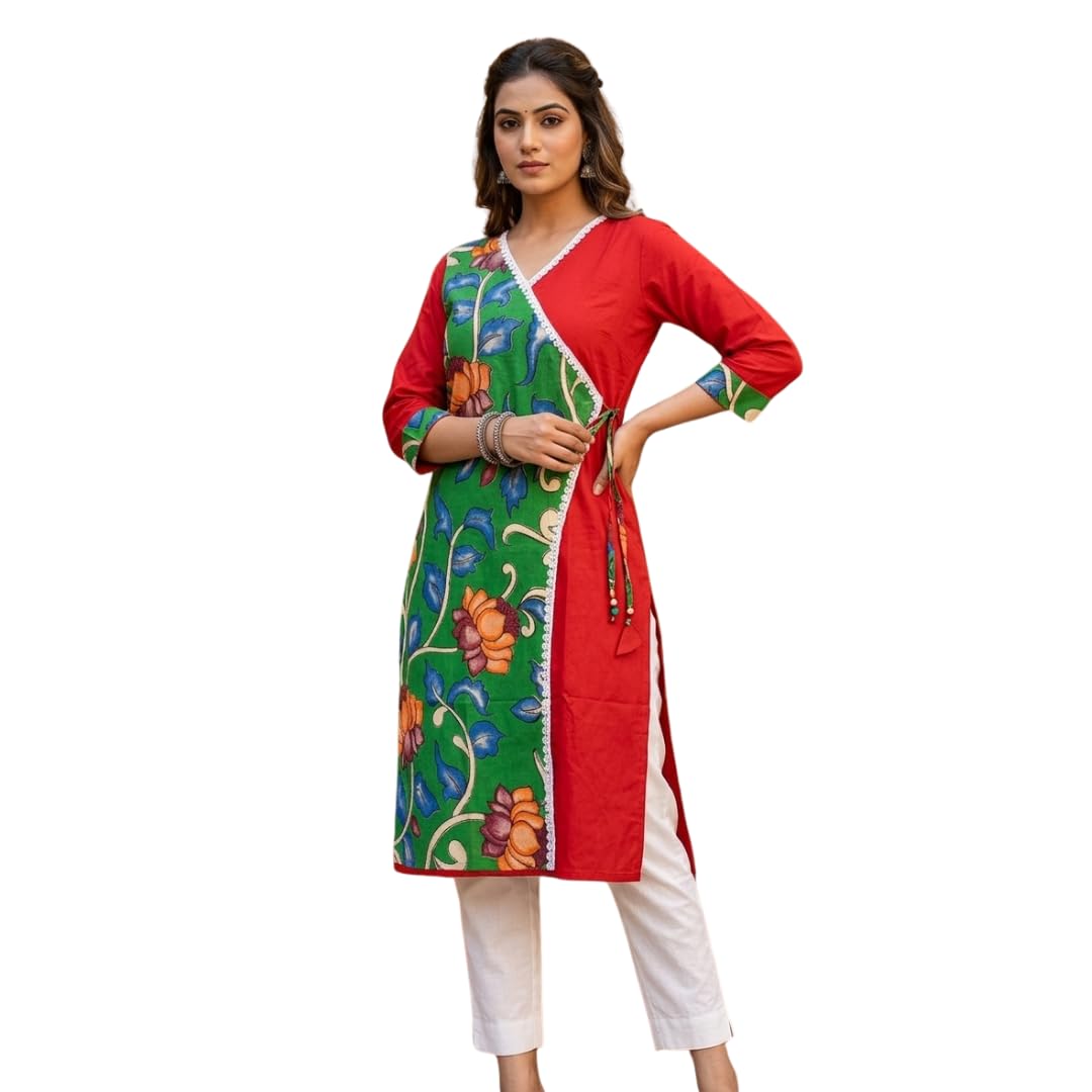 Women's Paint Kalamkari Anarkha Pattern Kurti, Black and Green Floral Print, 3/4 Sleeve, V-Neck-picture-10