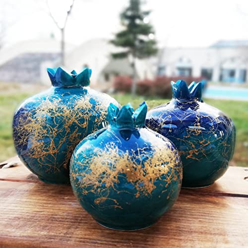 Pomegranate Table Decor, Pomegranate Ornament Set of 3 Tabletop Art Object, Abundance Charm, Handmade Ceramic Pomegranate, Mother's day gift (Primary color: Turquoise & Yellow, Velvet Box ?: No)