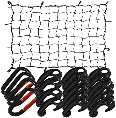 47"x 36" Cargo net Bungee Nets Stretches to 80"x 60",Small Truck Bed Cargo Net for Cars SUVs,16 Adjustable Hooks, 4 Metal Carabiners-for Toyota & Tacoma Accessorie Short Bed Cargo Net