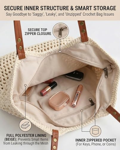 Bolso tejido tipo tote para mujer con cremallera y forro miniatura 3