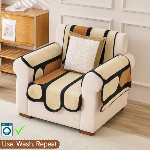 Image of HOKIPO 'Moderna Curves' Complete (Seat+Back+Arm) Sofa Mat Set for 1 Seater Sofa | Luxury All Season Sofa Cover Mat with Anti Slip Backing, Oyster Beige (AR-6121+AR-6120 * 2+AR-6309)