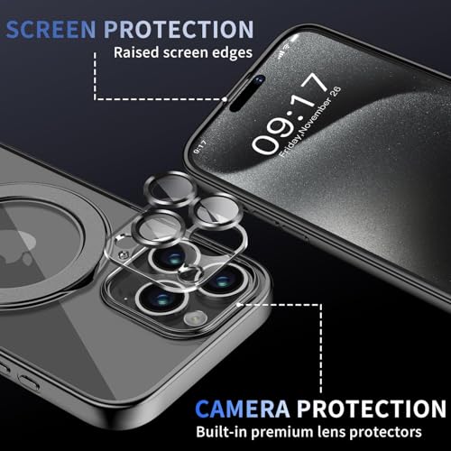 Image of Magnetic for iPhone 15 Pro Case with Invisible Stand[Compatible with MagSafe][Full Camera Lens Protector][Military Drop Protection] Shockproof Not Yellowing Clear Slim Soft for Women Men