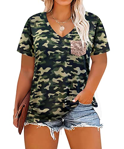 RITERA Women's Plus Size Tops Floral Casual Summer Loose Fit Blouses Flowy Shirts Sequin T-Shirts Short Sleeve Tunic Camouflage camo 3XL 22W 24W