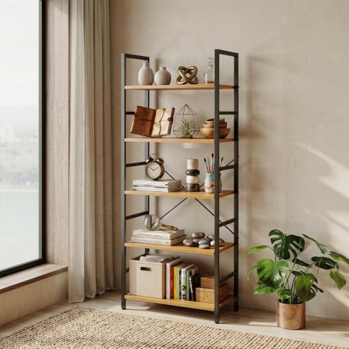 Image of HealSmart 5 Tier Bookshelf, Free Standing Book Shelf Home Office Bookcase Shelf Storage Organizer for Bedroom, Bathroom, Living Room, Office, Balcony, Wood
