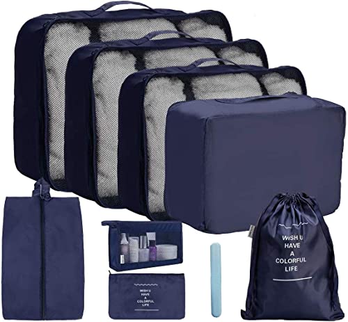 OrgaWise Packing Cubes 8 PCS Essentials Bag for Travel Waterproof Polyester Storage Suitcase cubes Luggage Travel Storage Bags with extra toothbrush case (8-pcs-Navy)