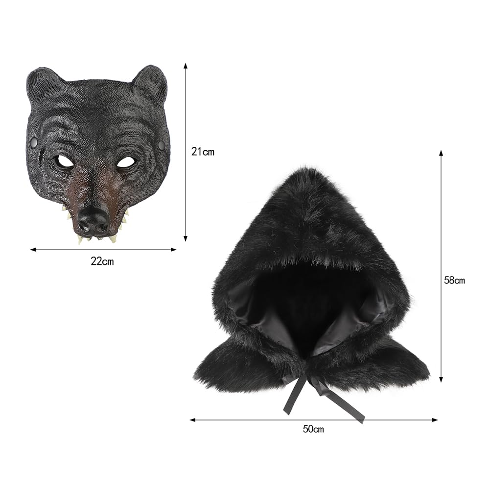 Medieval Norse Barbarian Costume Outfit Faux Fur Hooded Shawl Wrap Fancy Dress Bear Mask Set Viking Cosplay Furry Hooded Costume Cloak Cape Half Face Animal Mask Dress Up Accesorry for Halloween LARP - Image 2