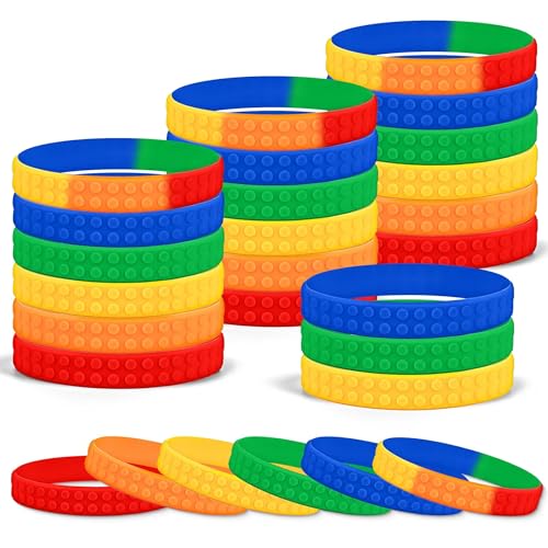 Lesnala 48 Pcs Building Block Bracelet for Kids Colored Silicone Lego Wristband for Boys Girls Birthday Party Goodie Bag Fillers Carnival Prize Supplies 6 Styles