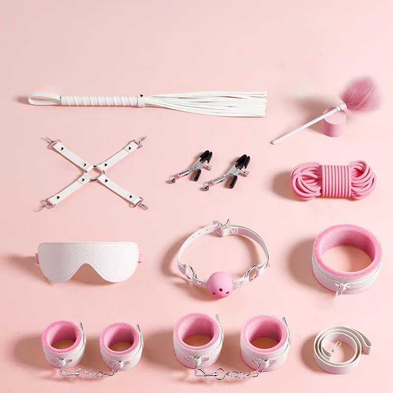 Image of BDSM Kit Restraints Toys Sex Bondage Cat Ears Butt Plug Tail Nipple Clamps Blindfold Handcuffs Collar Paddle Anal Butt Plug Sex Toys for Couple (White&Pink)