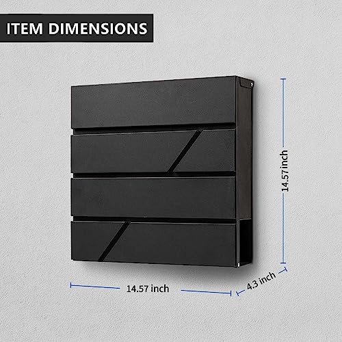 Image of Wall-Mount Mailbox with Lock and Keys, Locked Drop Box for House Outside, Security Steel Metal Mail Box with Newspaper Compartment, 14.57 x 14.57 x 4.33 Inch, Black, MD025 X-Large