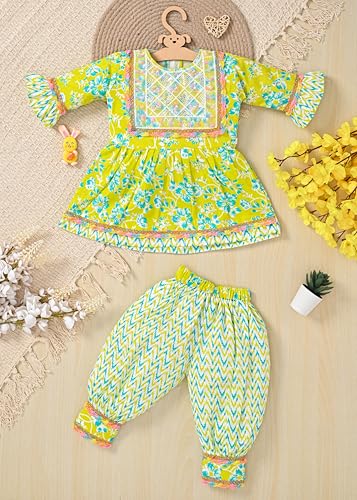 Image of Baby Girls Yellow Ethnic Clothing Set, Mirror Work Embroidered Frock with Zigzag Print Pants, Comfortable Cotton Outfit for Kids