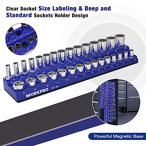 Image of WORKPRO Magnetic Socket Organizer Set, 3-Piece Holder Set Includes 1 /4 inch, 3 /8 inch and 1 /2 inch Drive Metric Socket Trays, Holds 75 Pieces Standard and Deep Sockets