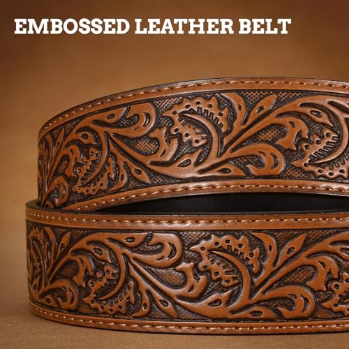 Image of SANSTHS Western Cowboy Belts for Men Women, Mens Western Belt Bull Buckle Country Belt Cowboy Leather Belt for Jeans