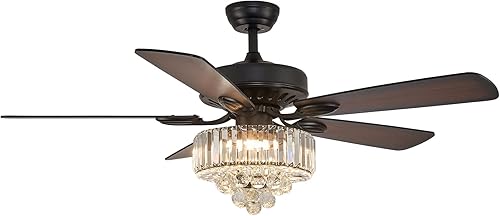 Miniatura 4 de NOXARTE Ventilador de techo de cristal de 52 pulgadas con luz, lámpara LED moderna con control remoto, ventilador de araña negro, motor de reversa,