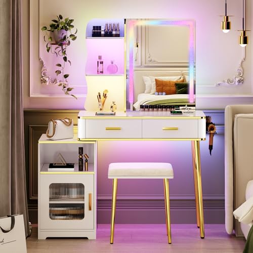 HNEBC Vanity Desk with Sliding Mirror and LED Lights, RGB Vanitys with Charging Station, Makeup Vanitys with Remote Control, White Dresser with Stool/Lager Drawers for Bedroom (Grey) 5080-gr