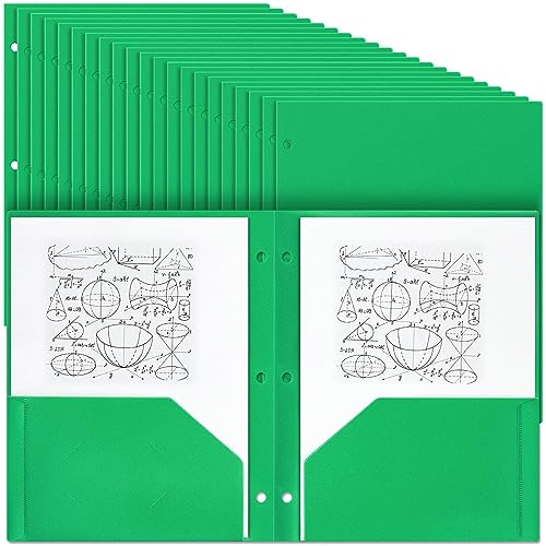 Yeaqee 100 Pcs Plastic Folders with Pockets Bulk 3 Hole Punched 2 Pocket File Folders for 3 Ring Binder Divider Folder for Notebooks, Durable Poly for Office Home (Green)