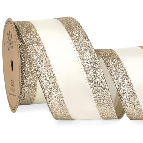 Ribbli Champagne Wired Ribbon - Ivory Satin With Glitter Edge 2.5 Inch Christmas Ribbon for Tree, Gift Wrapping, Wreaths, Garland, Topper, Bows, Crafts, Home Decor - 10 Yards
