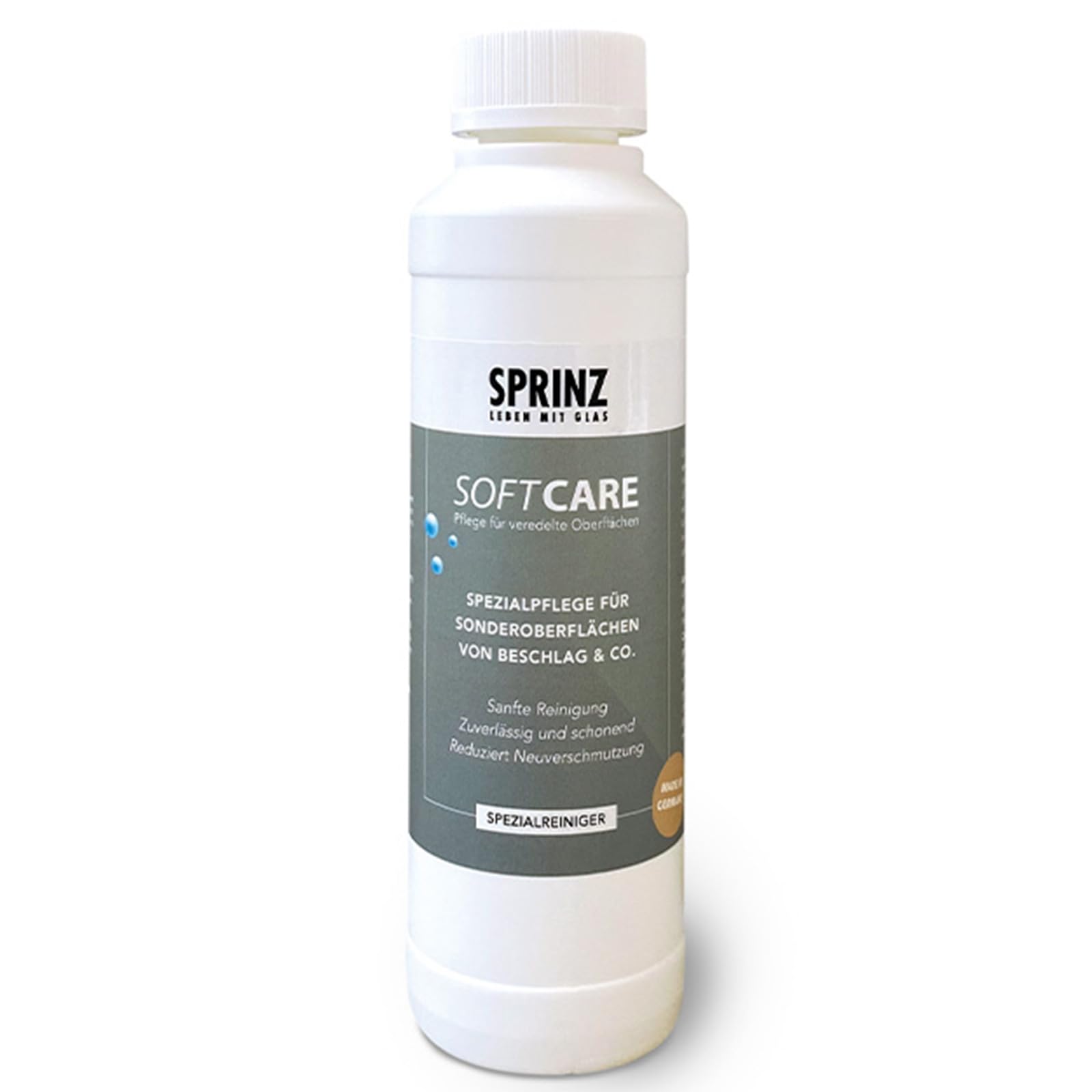 Softcare Reiniger für Veredelte Oberflächen – 250 ml Flasche, Kalk- und Fettentferner, Schonende Reinigung für Beschläge und Griffe