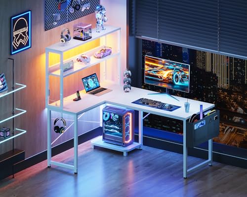 AODK ゲーミングデスク コンセント付き パソコンデスク 袋付き l字デスク デスク 机 幅110cm ラック付き pcデスク ワーク 収納 オフィス 仕事用 在宅勤務 組立簡単 ホワイト [2]