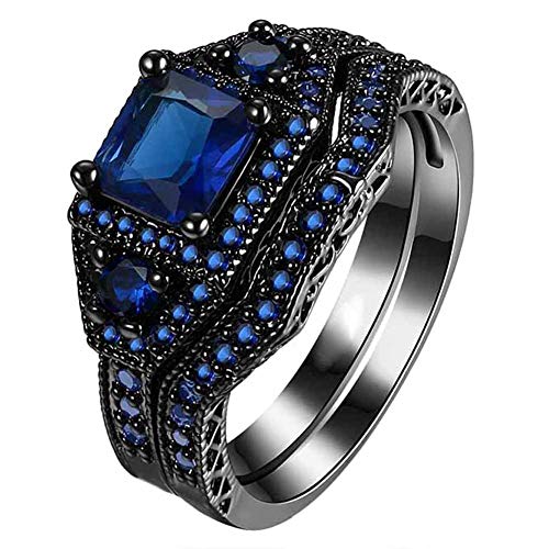 ringcrown Black Gold Plated Womens Wedding Ring Sets Princess Cut Blue Cz 2pcs Engagement Ring