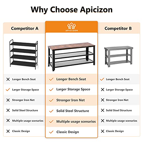 Apicizon Shoe Bench, 3-Tier 35.5 Inches Shoe Rack For Entryway With Long Seat And Metal Shelves For Garage, Industrial Steel Storage Bench For Living Room, Bedroom, Mudroom, Rustic Brown #TOP1