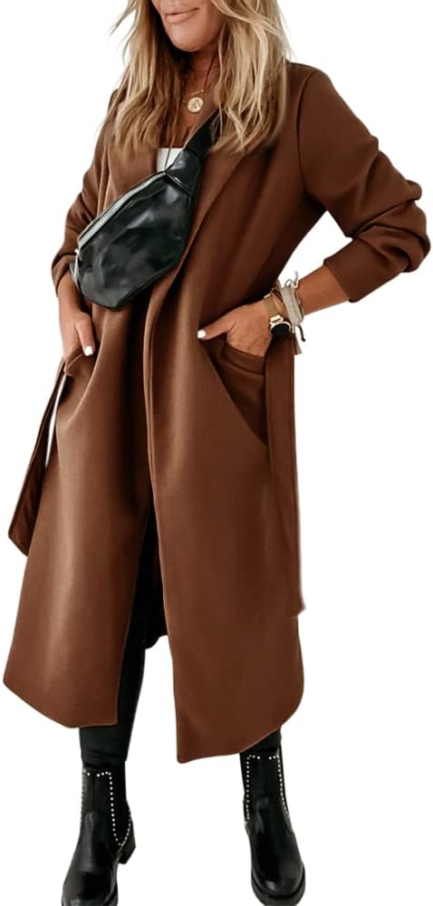 Womens Classic Coat Lapel Collar Open Front Belted Long Jacket