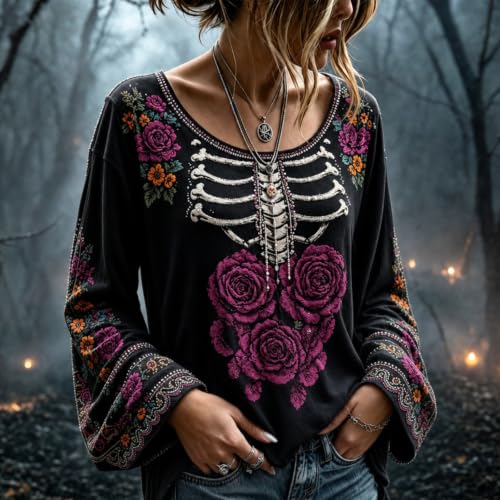 Womens Halloween Shirts Skeleton Floral Graphic Shirt Bell Sleeve Top - image 2