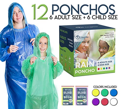 Lingito Rain Ponchos Family Pack | 12-Piece Emergency Raincoat Drawstring Hood Poncho for Children and Adults | Lightweight Reusable or Disposable
