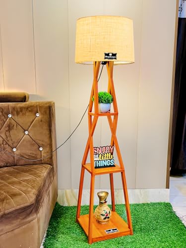Image of Wooden Shelf Floor Lamp for Living Room & Bedroom Corners | Sofa Side Lamp | Home Decor Lighting with Khadi Shade