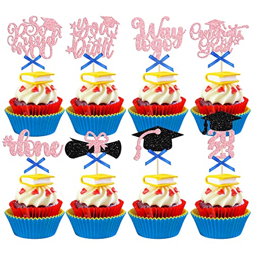Gyufise 32Pcs Graduation Cupcake Toppers 2023 Glitter Class Of 2023 Cupcake Toppers Supplies Congrats Grad Cap Diploma 2023 Cupcake Picks For Graduation Party Decorations 2023 Pink #TOP16