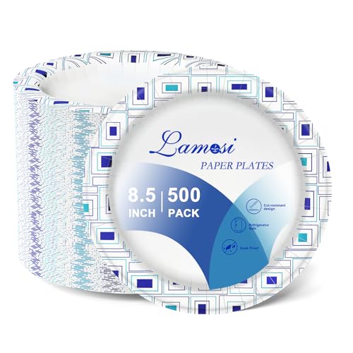 Lamosi 8.5 Inch Disposable Paper Plates, 500 Count Disposable Plates