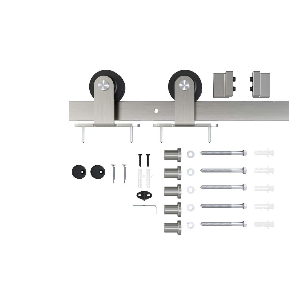 JUBEST6 FT Brushed Nickel Sliding Barn Door Hardware Kit Smoothly and Quietly Hanger Roller Flat Track Kit, J Shape Roller Heavy Duty Nickle Barn Door Track,Easy to Install