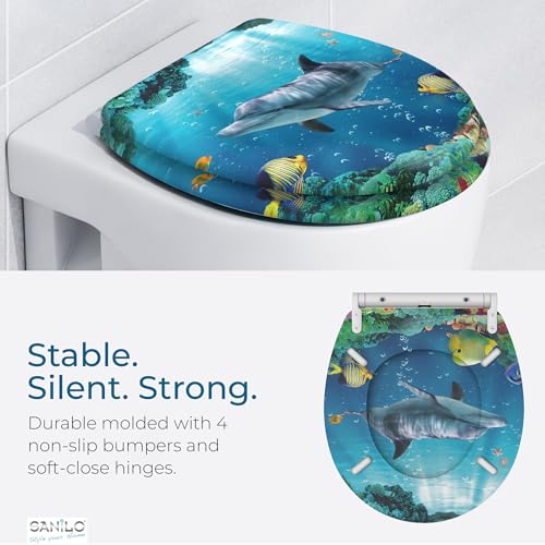 Image of Sanilo Wooden Toilet Seat with Quick Release & Soft Close [ROUND] - Decorative & Slow Close Molded Wood Seat - With One Click for Easy Installation & Cleaning - With Adjustable Fit (Dolphin)