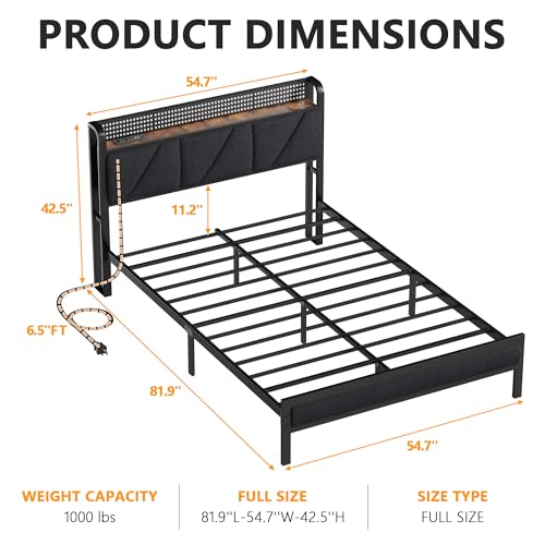 Image of Furnulem Full Size Bed Frame with Headboard and Storage Shelf, LED Light and Charging Station, Metal Platform Bed with Heavy Duty Slats, No Box Spring Needed, Noise Free & Easy Assembly