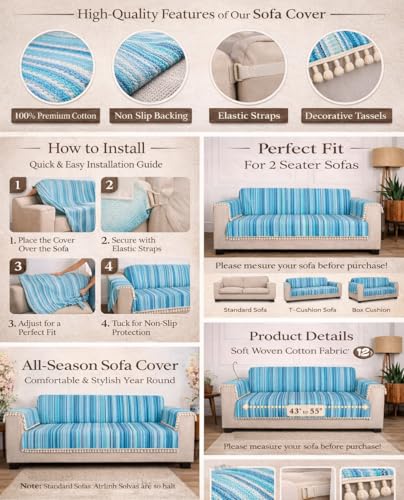 Image of Gifts Island 2 Seater Cotton Sofa Cover Mat | Anti Slip Armchair Cover Throw | All Over Furniture Protector with Elastic Straps | Washable Couch Cover for Living Room (Blue, 2 Seater)