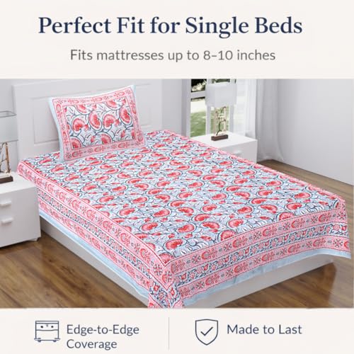 Image of elanorhomes 100% Cotton 240 TC Single Bed Sheet Set | Floral Hand Printed Bedsheet with Pillow Cover | Soft Breathable Fabric for Bedroom | 60x90 Inches (Lotus)