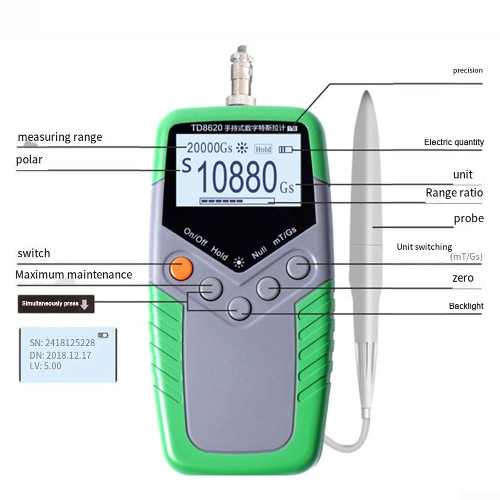 Teslámetro profesional TD8620 Digital Gaussmeter Rango de medición 0 hasta 2400 mT Sonda Hall 2 m Cable Pantalla LCD Auto Apagado Ligero para Análisis de densidad de Flujo Magnético Uso en Laboratorio