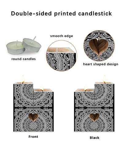 Black Mandala Pattern Candle Holder For Table Centerpiece, Wooden Candlestick Holders, Boho Abstract Art Aesthetics Tea Lights Candle Holders Double-Sided Decorative Candles Gifts For Women/Men #TOP1